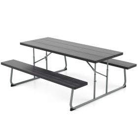 Folding Picnic Table Set with Metal Frame and All-Weather HDPE Tabletop, Umbrella Hole