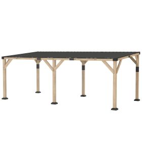 10' x 20' Wooden Gazebo, Hardtop Lean-to Gazebo Pergola with Galvanized Steel Sloped Roof, Light Walnut