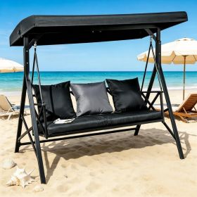 3-Seat Outdoor Patio Swing Chair Porch Glider with Cushion 3 Throw Pillows Adjustable Canopy for Garden Poolside Backyard Black