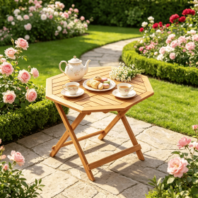 Acacia Wood Octagonal Outdoor Dining Table for 4 with Slatted Tabletop Folding Design for Garden Patio Furniture