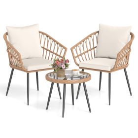 3 Piece Patio Bistro Set with PE Rattan Wicker Chairs and Tempered Glass Coffee Table