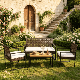 4-Piece Patio Set Acacia Wood Coffee Table And Wicker Chairs for Backyard Outdoor Furniture Set