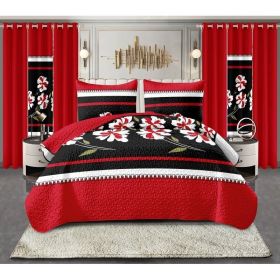 9-Piece Black Red Floral Bedspread Set With Curtains, Quilted Microfiber Bedding Set For Twin XL, King And Cal King (Option: Twin XL)