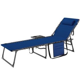 Folding Outdoor Chaise Lounge Chair Tanning Chair With 5-Level Adjustable Back, Side Table, Pillow, Pocket, Dark Blue (Option: Dark Blue)