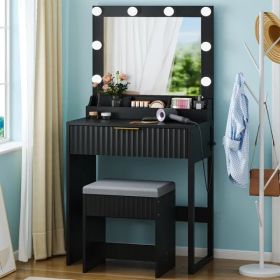 Black particleboard with a 3-compartment, 1-drawer dressing table set with 8 three-tone light bulbs, power strip, and grille series (Option: default title)