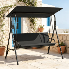 3-Seat Outdoor Patio Swing Chair Adjustable Tilt Canopy Included with Stand for Backyard Garden Decor (Color: Black)