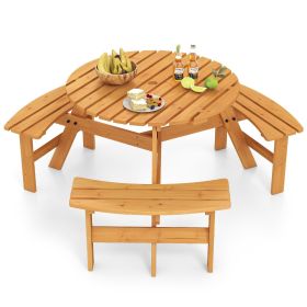 6-Person Round Picnic Table Set with 3 Built-in Benches and Umbrella Hole (Color: Yellow)