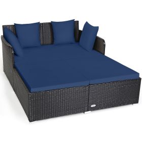 Spacious Outdoor Rattan Daybed with Upholstered Cushions and Pillows (Color: Navy)