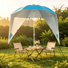 2-in-1 Portable Beach Shelter Umbrella UPF 50+ with Side Panels for Camping And Picnic Outdoor Sun Protection (Color: Turquoise)