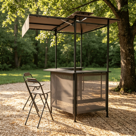 BBQ Gazebo Canopy with 4 Slatted Metal Shelves Outdoor Kitchen Island with 6 Hanging Hooks And 2-Row Glass Holders for Patio (Color: Brown)