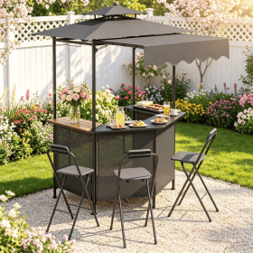 BBQ Gazebo Canopy with 4 Slatted Metal Shelves Outdoor Kitchen Island with 6 Hanging Hooks And 2-Row Glass Holders for Patio (Color: Black)