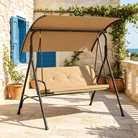 Adjustable Canopy Patio Swing Chair with Removable Cushion And Metal Stand Outdoor Swinging Seating for Backyard Garden (Color: Beige)