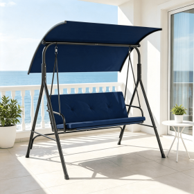 Adjustable Canopy Patio Swing Chair with Removable Cushion And Metal Stand Outdoor Swinging Seating for Backyard Garden (Color: Navy)