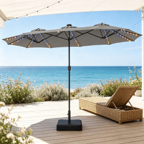 13 foot double-sided terrace umbrella with 108 LED lights and base, including outdoor sunshade and waterproof market umbrella (Color: Gray)