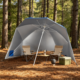 2-in-1 Portable Beach Shelter Umbrella UPF 50+ with Side Panels for Camping And Picnic Outdoor Sun Protection (Color: Blue)