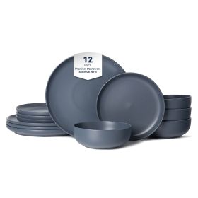 12-Piece Stoneware Dinner Plates Bowls Sets | Microwave & Dishwasher Safe | Non-Toxic Dinner Plates Bowls Set | Stackable Matte Glaze Kitchenware (Main Color: Blue, Main Material: Stone)