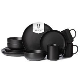 12-Piece Stoneware Dinnerware Sets with Mugs | Microwave & Dishwasher Safe | Non-Toxic Dinner Plates Bowls Set | Stackable Matte Glaze Kitchenwar (Main Color: Black, Main Material: Stone)