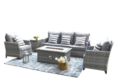 Direct Wicker Gray Wicker Sofa Set Outdoor Furniture Conversation Set with Firepit Table (Color: Gray)