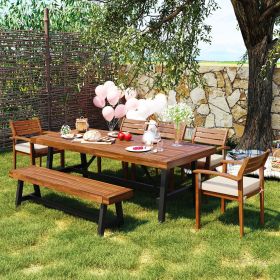 GO Outdoor Wood Dining Set For 7-8 Person, Outdoor Dining Furniture With Removable Cushions, Ergonomic Chairs And Bench, Thicker Table, Nature (Color: as Pic)