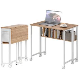 Folding Computer Desk, Foldable Desk With Storage Bag, Shelf And Wheels For Small Spaces, Home Office, Natural Wood (Option: Natural wood)